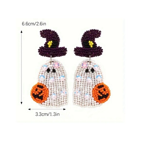 Spooky-Cute Sequin Beaded Ghost/Witch With Pumpkin Pierced Dangle Earrings NWT - Picture 4 of 4